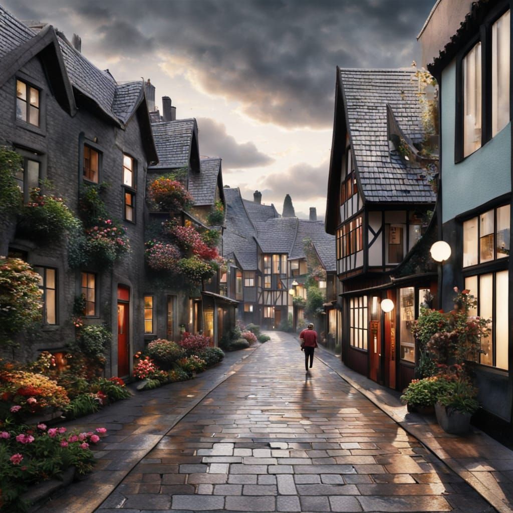Energetic and Colorful Village Street Scene