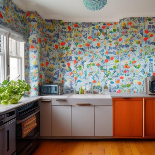 Eclectic wallpaper, interior, maximalist, kitchen