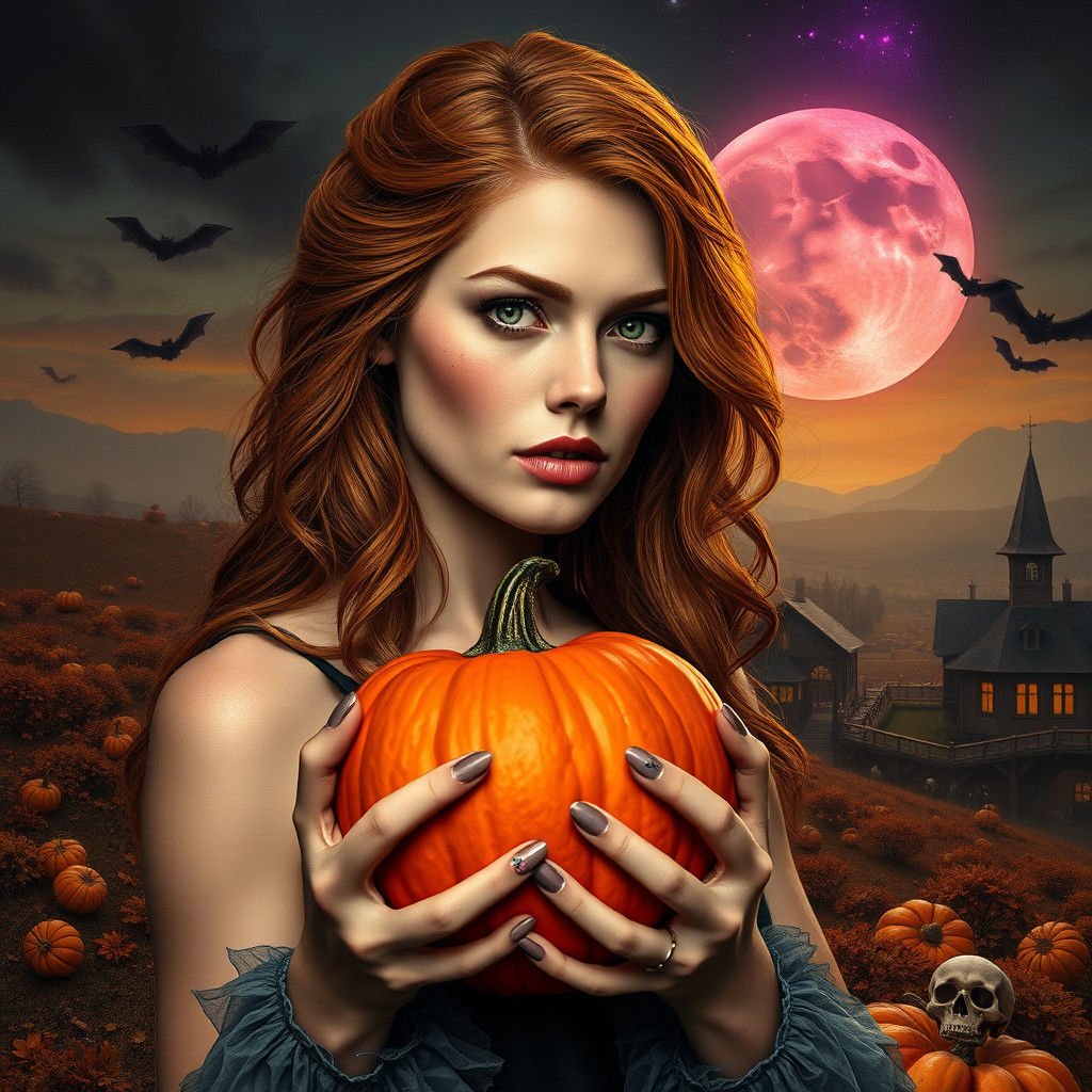 Ethereal Goddess Adorns Autumn Landscape with Pumpkin