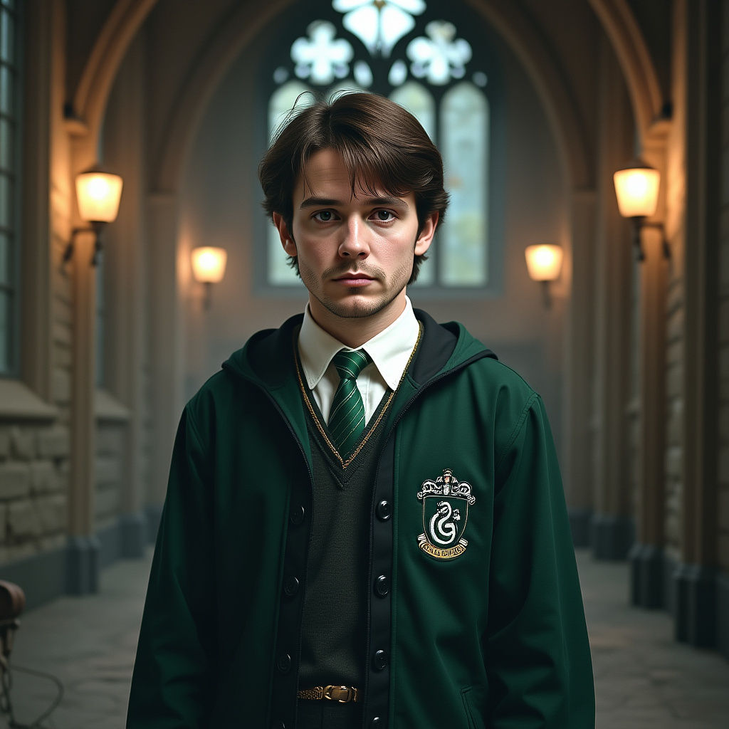 A hyper realistic portrait of a  wizard inspired by Sebastian Sallow from Hogwarts Legacy. He has tousled, medium-length brown ...