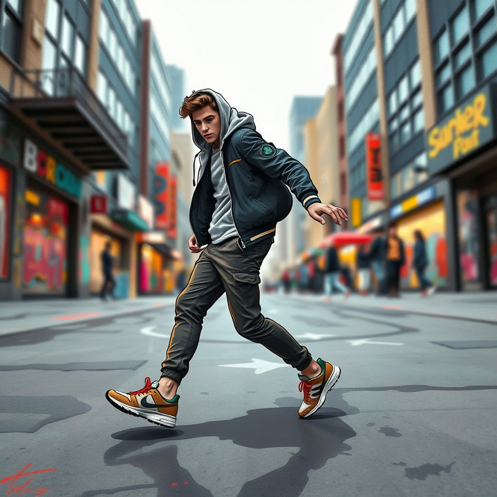 Dancing Man in Urban Landscape, Comic Book Style