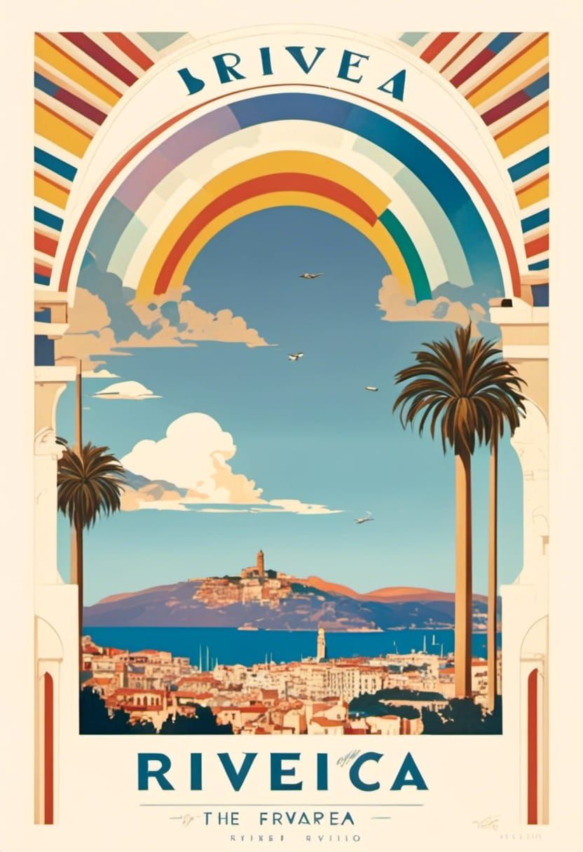 A rainbow travel poster for the French Riviera in the style ...