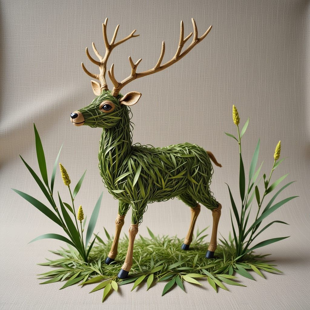 <lora:flax:1.0> toy elk crafted from green stems and leaves of various grasses on grey canvas