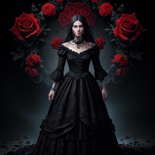 Dark haired woman, wearing a dress pattern of skulls and ros...