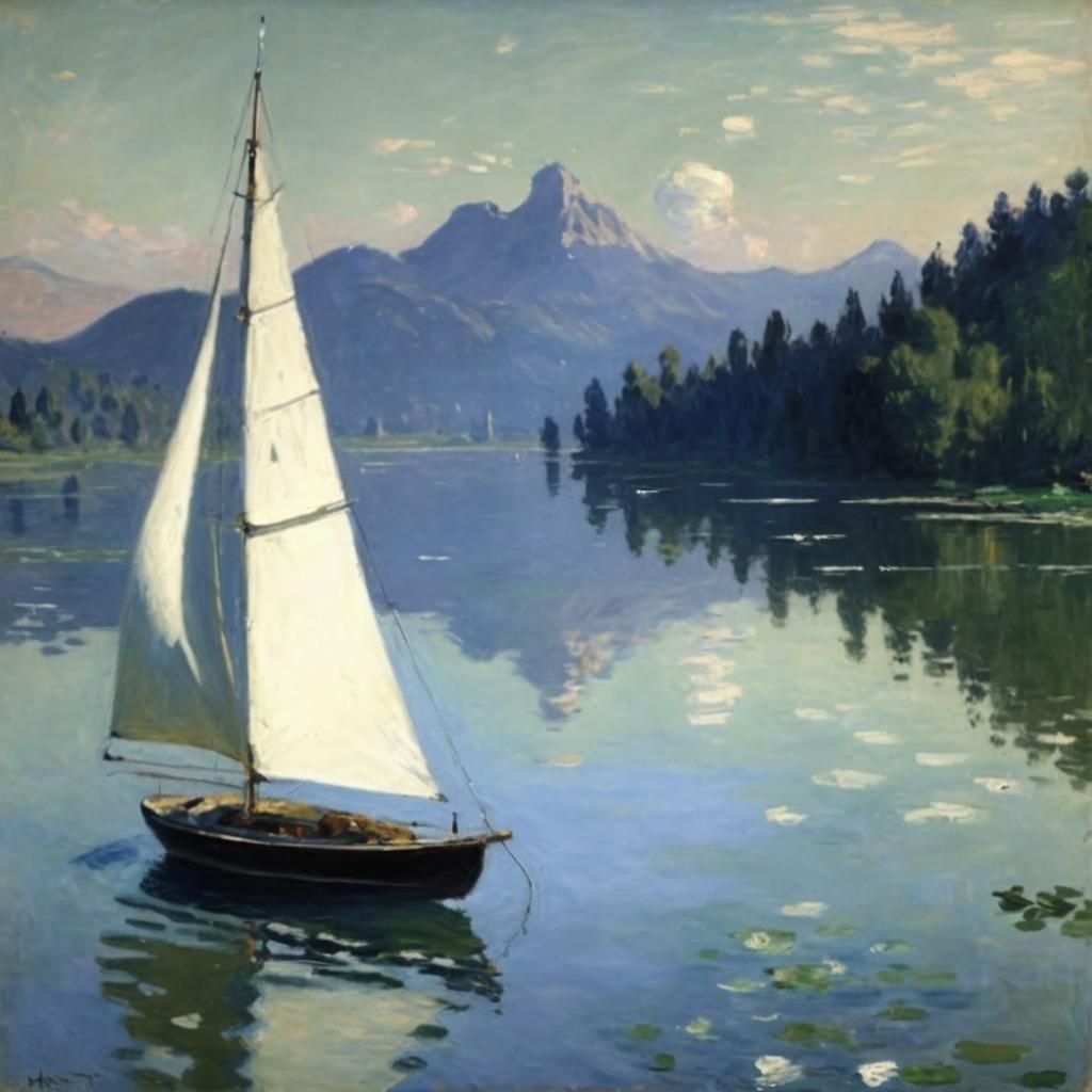 watercolor painting of a boat on a tranquil lake in the morning light 