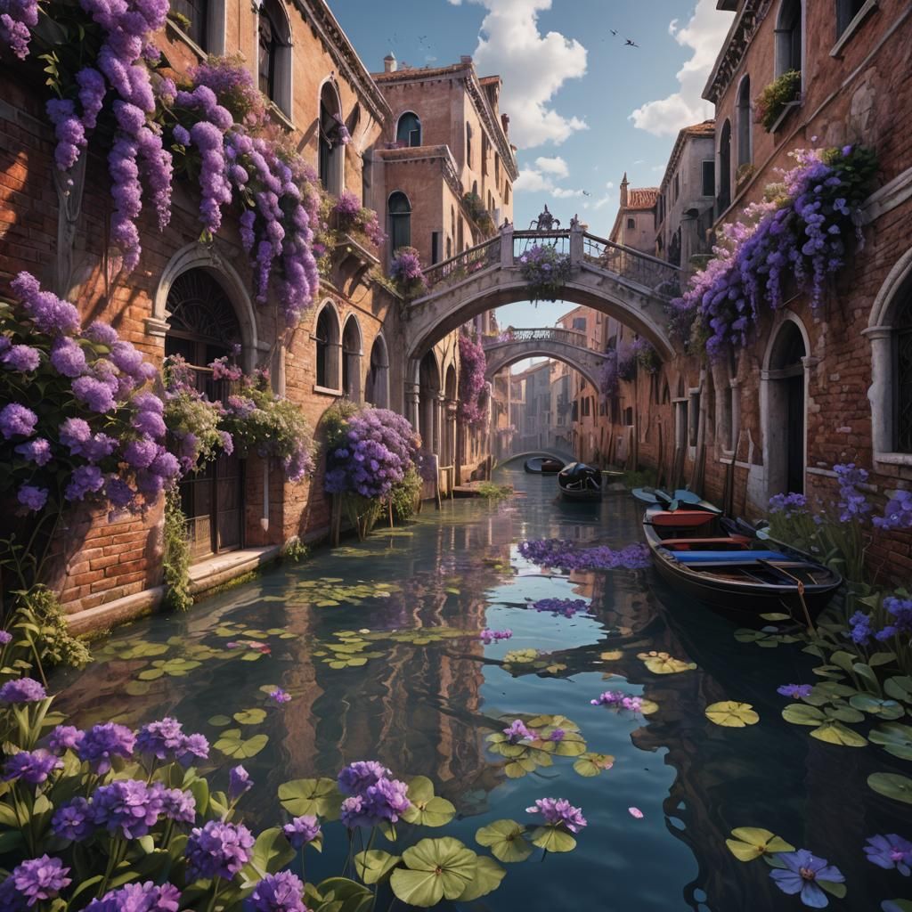 Venice river with a lot of purple flowers