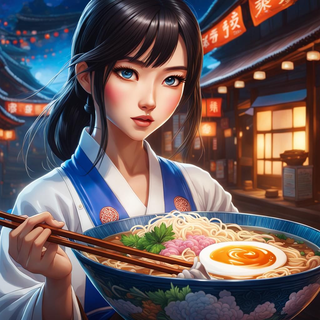 there is an asian pretty young woman is holding a steaming bowl of tonkotsu she has blue eyes. a colorful ...  by @burka
