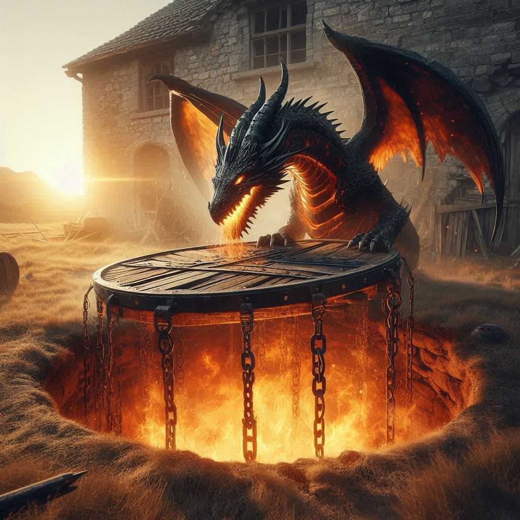 The dragon breaks open the trapdoor to the dungeon