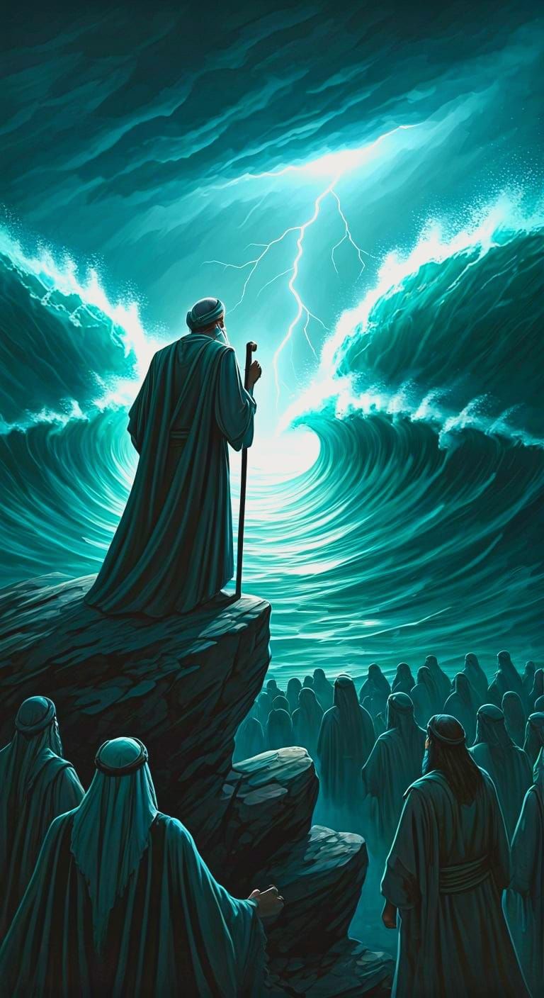 Moses at a rock and leads the hebrews People to splitted sea,lightening   by @Artbyannemaria 