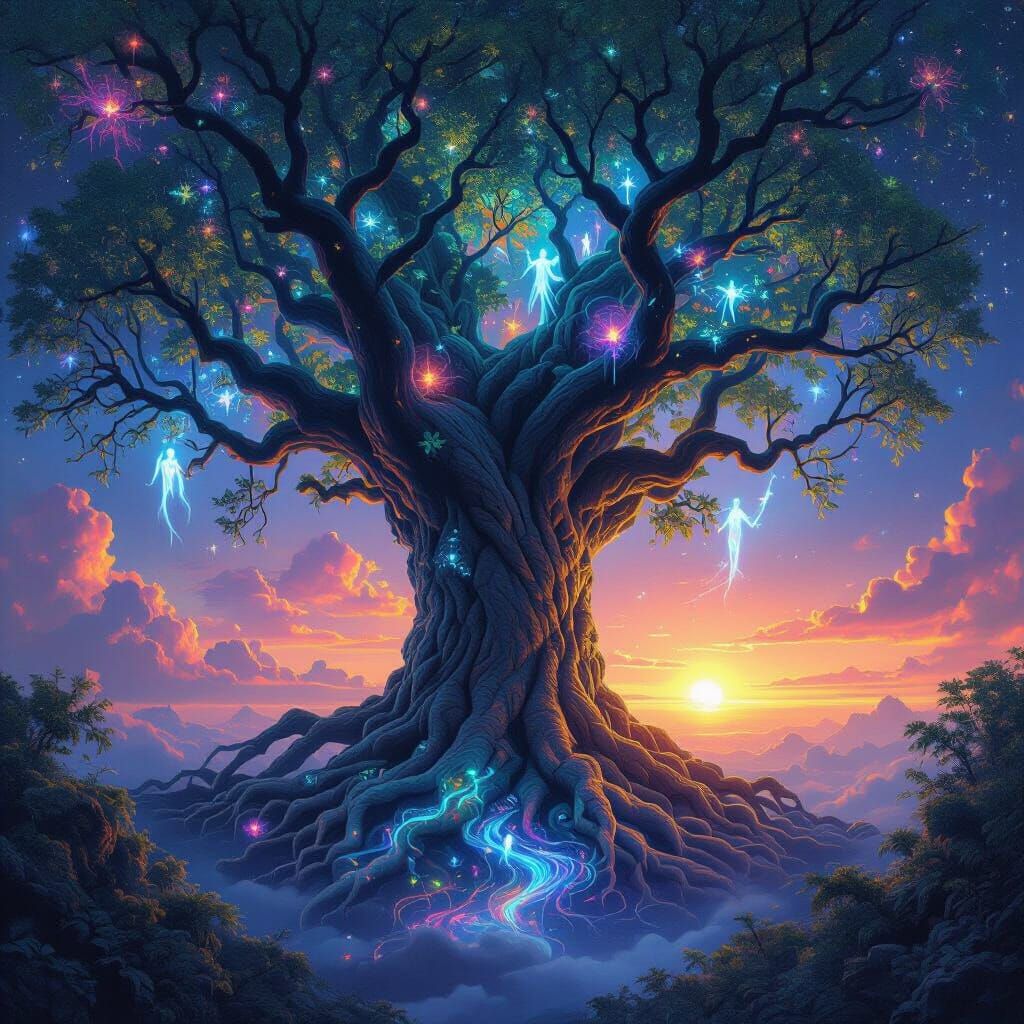 A colossal, ancient tree with roots that delve into a nebula, its branches reaching towards a binary sunset. Luminescent flora grows on its ...