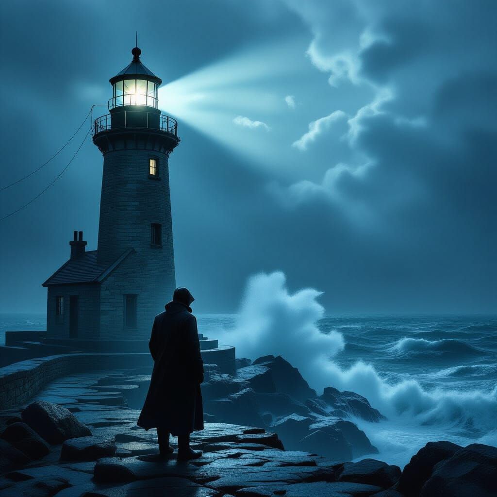 A lone lighthouse keeper, weathered and gaunt, stands silhouetted against a stormy sea. The lighthouse beam cuts through the oppressive dark...
