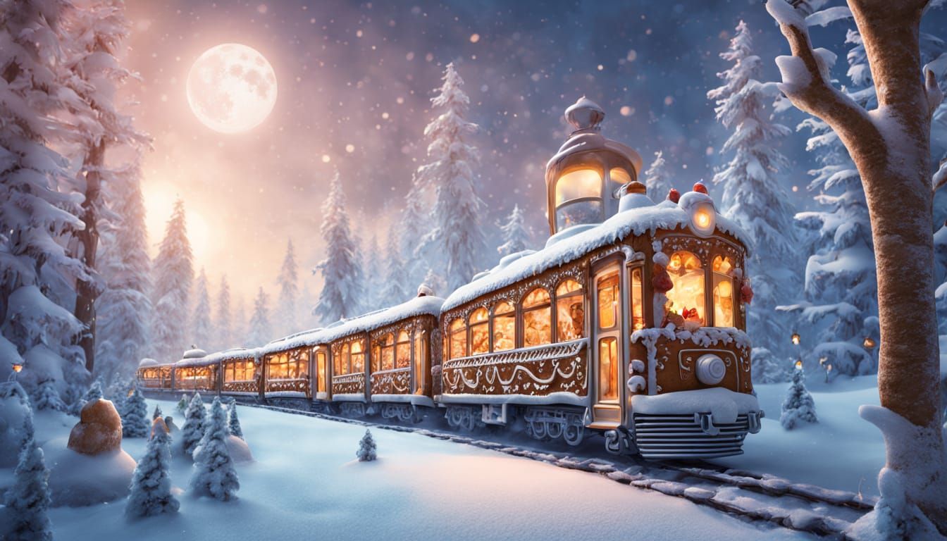 Highly creative. A whimsical train made entirely of gingerbread and candy, chugging through a fantastical ...  by @zRender69