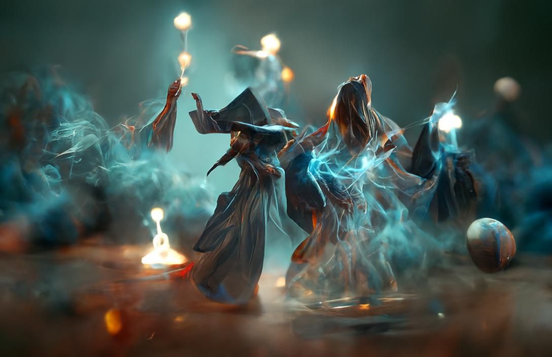 witches and wizards dancing an incantation; blender cycles a...