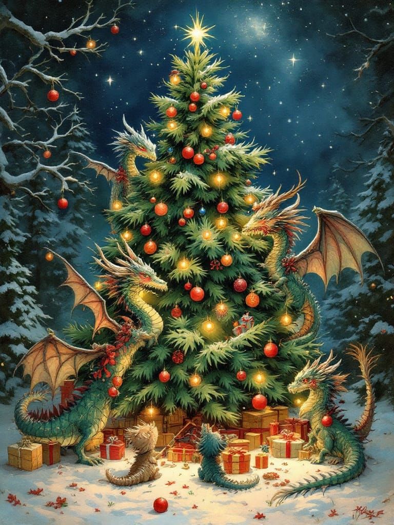 Whimsical Christmas Celebration: Dragons Adorn a Vibrant Tre...