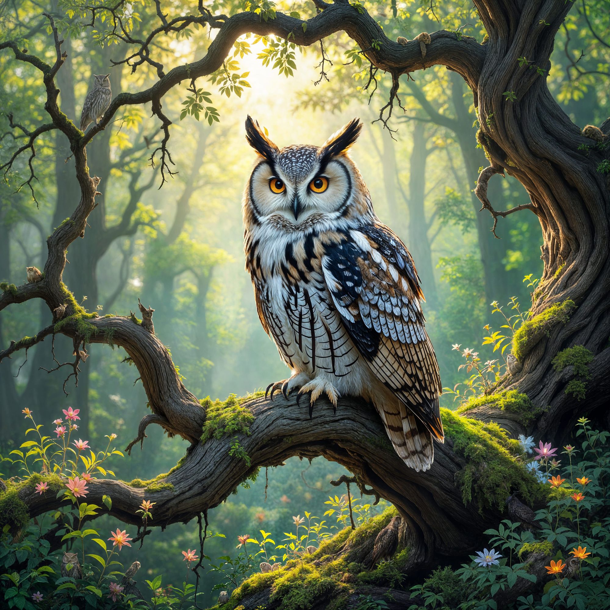 A majestic owl with feathers like stained glass, perched on a gnarled, ancient tree branch. The forest floor is carpeted with glowing moss a...