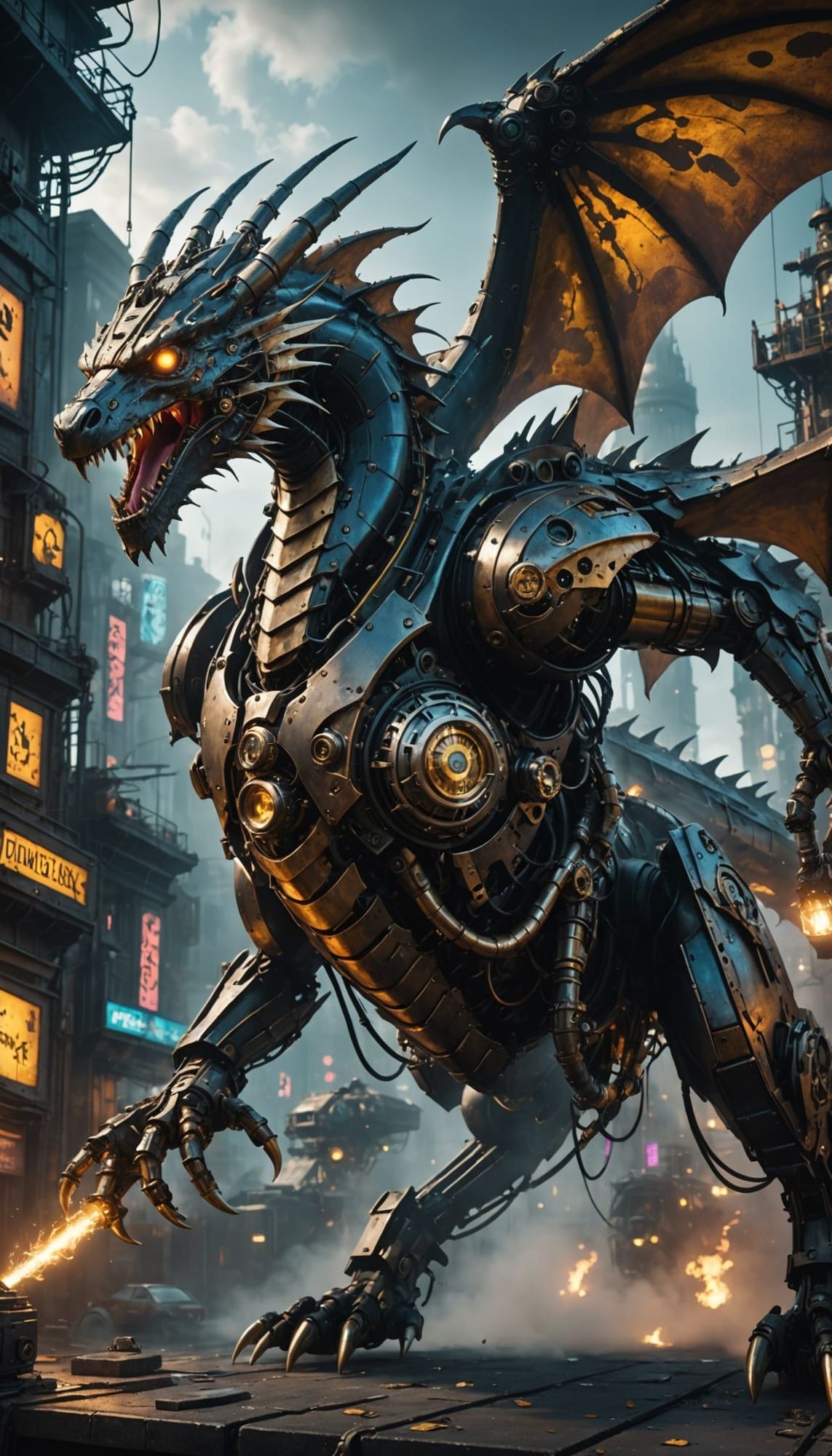 Add a massive, floating, clockwork, (((cyberpunk and steampunk elements intertwine)))  dragon overhead, spewing mist, hyperrealistic, hyper-...