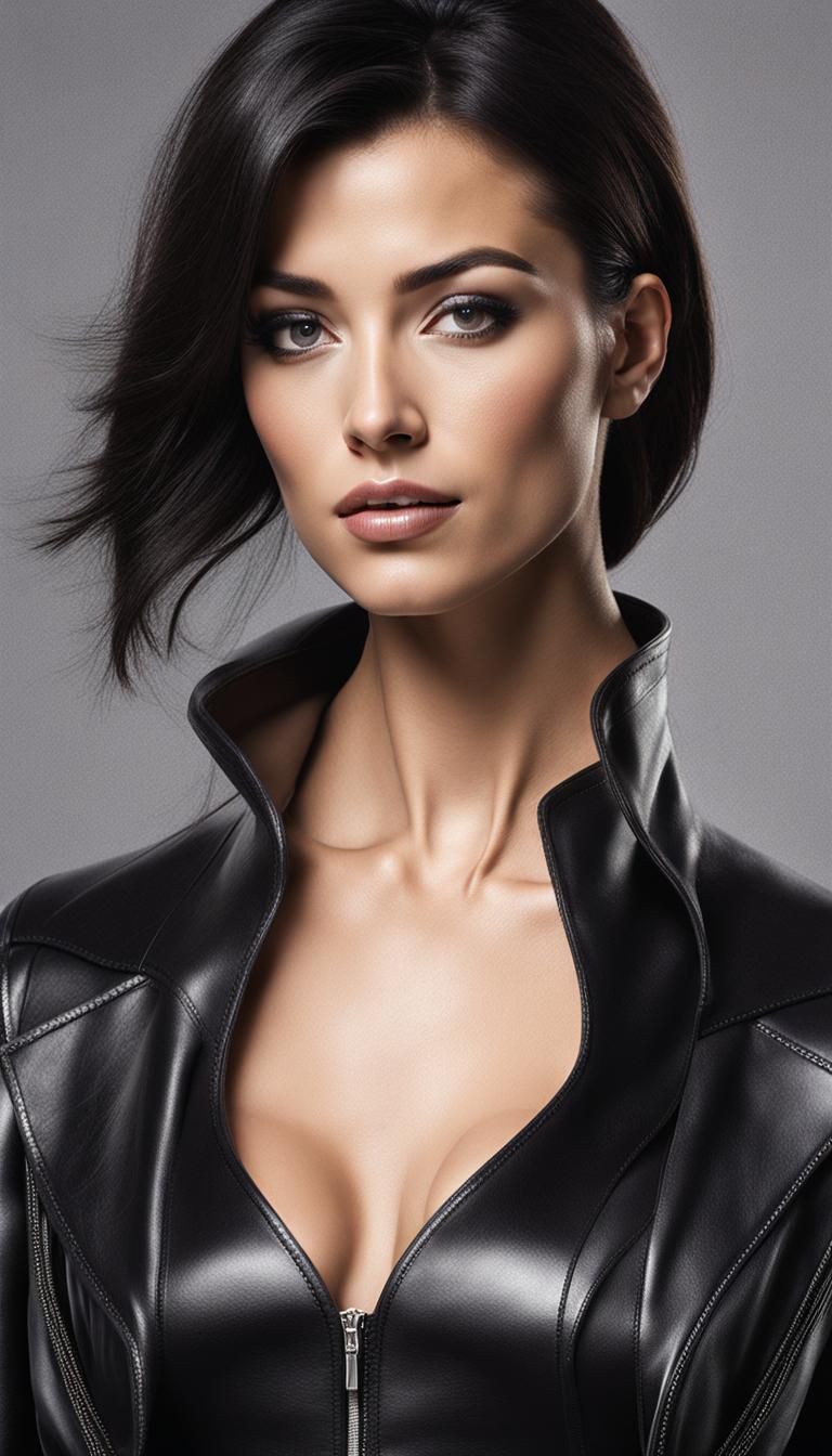 a white female, long straight black hair, brown eyes, fitted black leather top, modest neckline, thin straps, black leat...