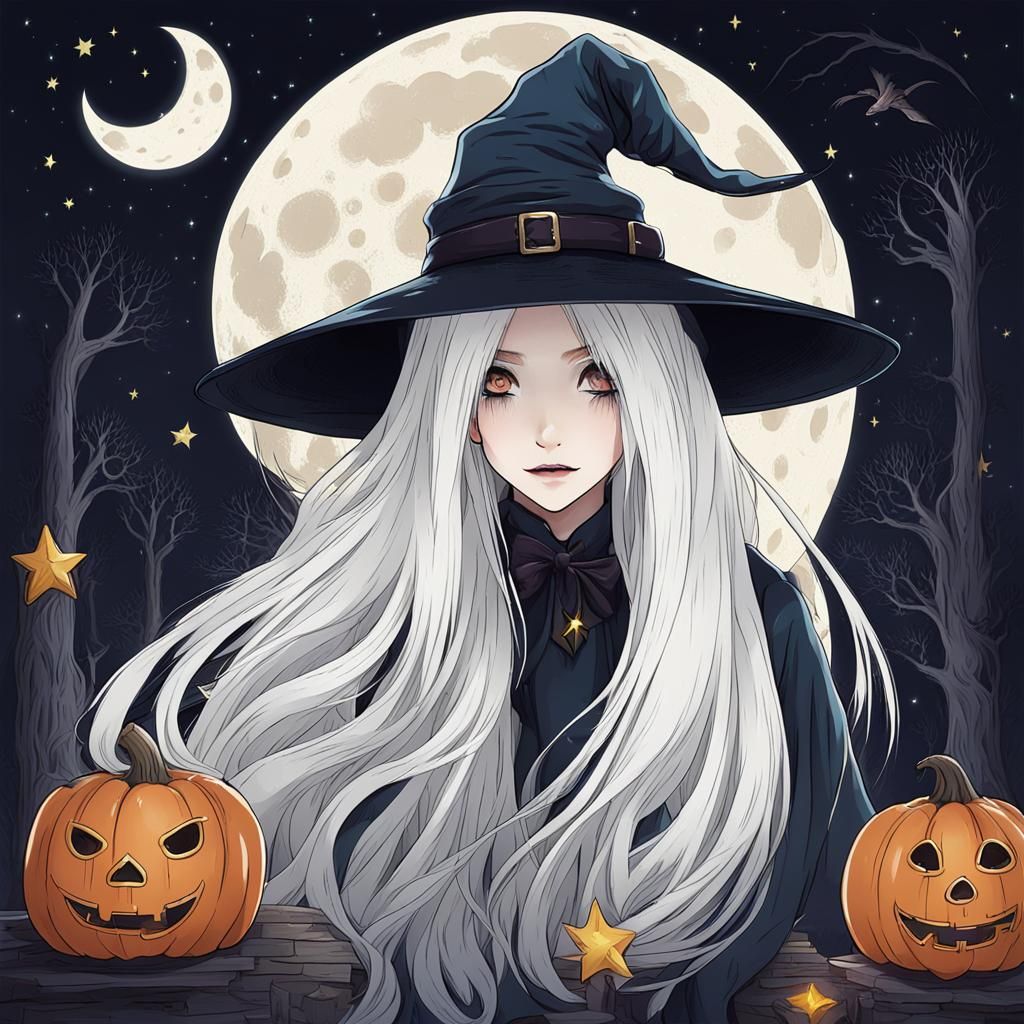 white straight hair, witch, night
