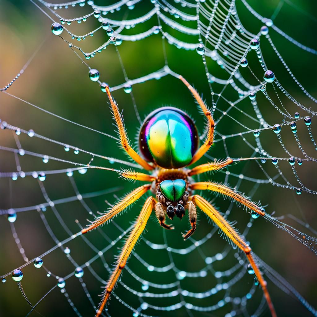 Iridescent Dew Drops on Spiderweb: Macro Photography