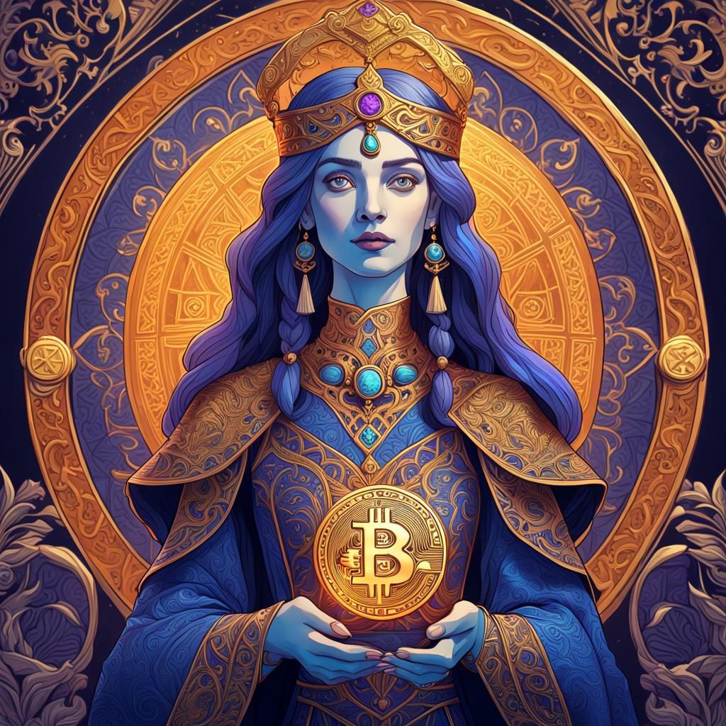 Medieval Fantasy Woman Holding Bitcoin Tarot Card