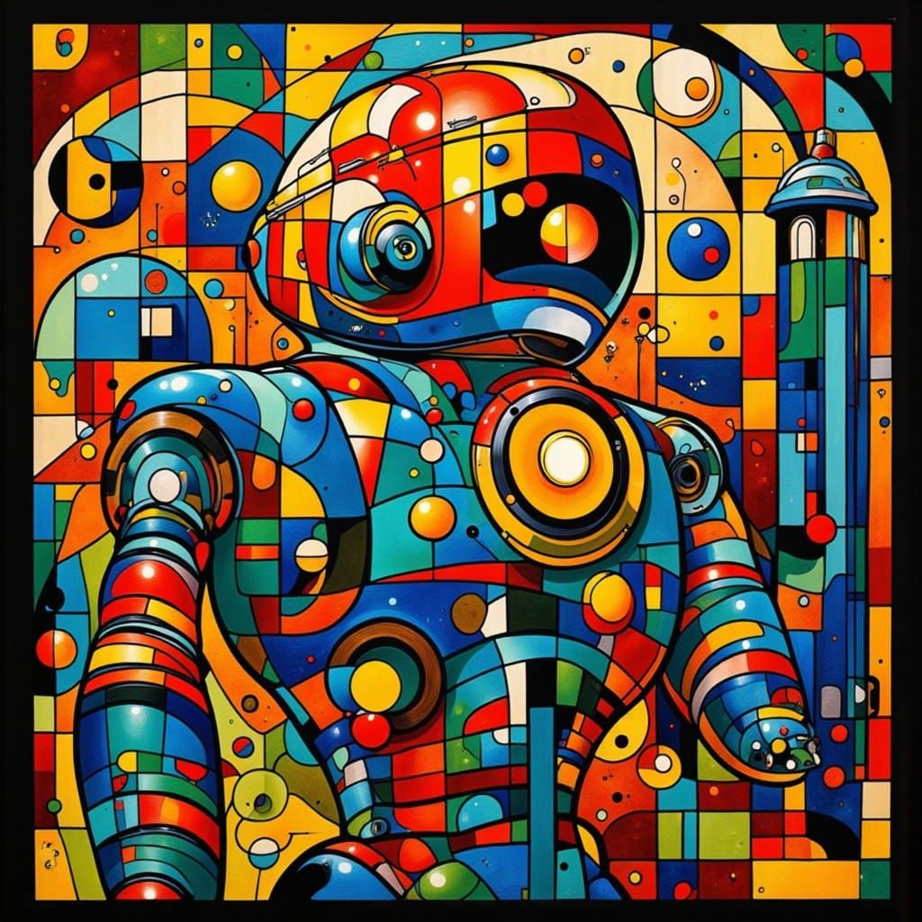 Retro Futuristic Robot Warrior in Stained Glass Style