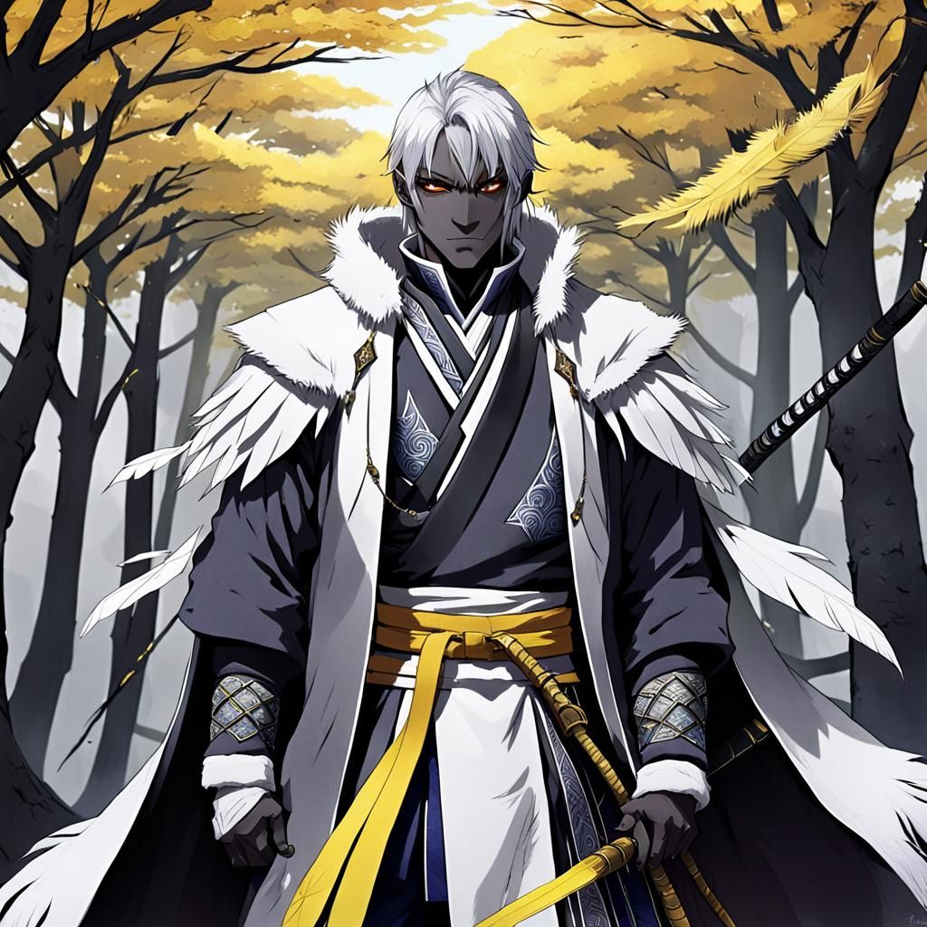 Male Drow, Dark Grey Skin, White short Hair,yellow eyes, wea...
