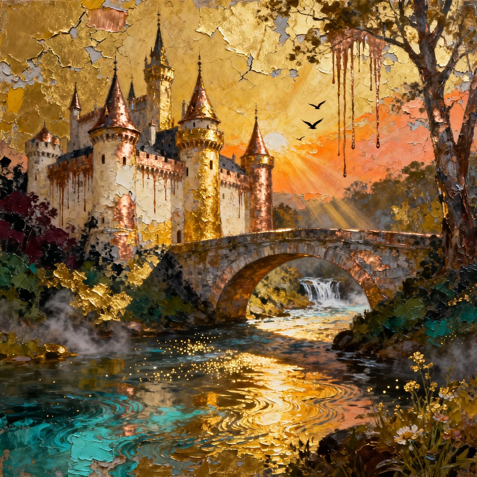 Golden Fantasy Castle by River in Mixed-Media Style