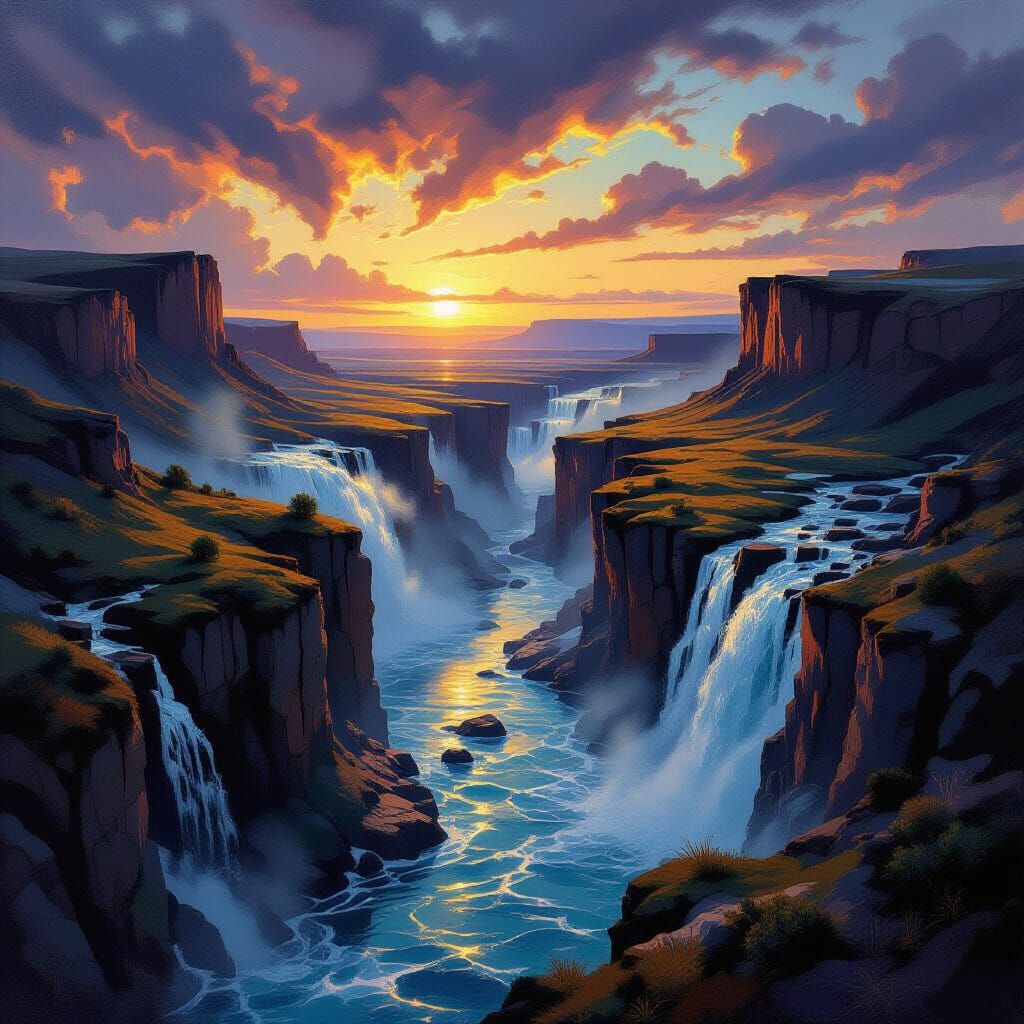 Dramatic Romantic Landscape with Setting Sun