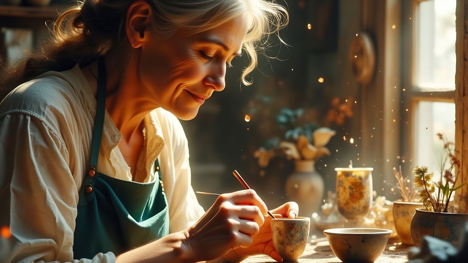 Artisan Painting Ceramic in Warm Sunlight, Impressionist Sty...