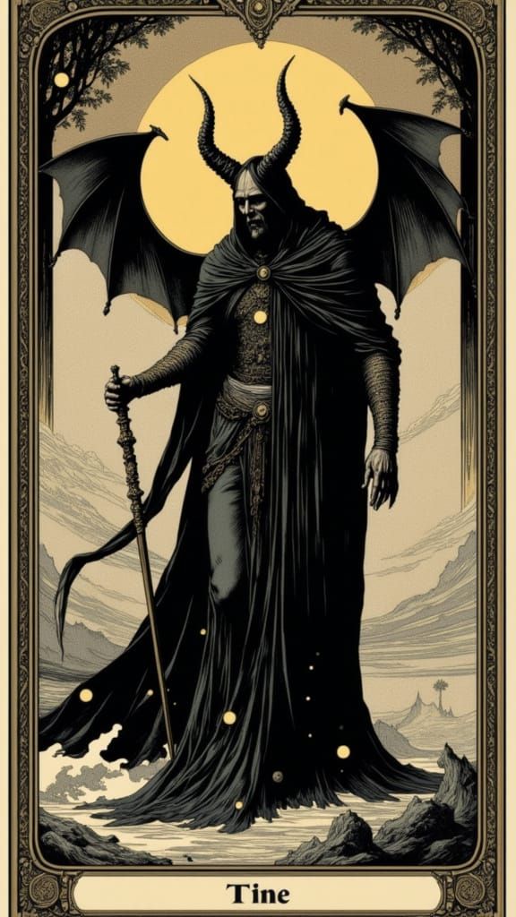 "The Devil" tarot card, beautiful, foreboding, Baphomet, ornate borders, tarot card by Dürer <lora:Tarot by Durer:0.7>