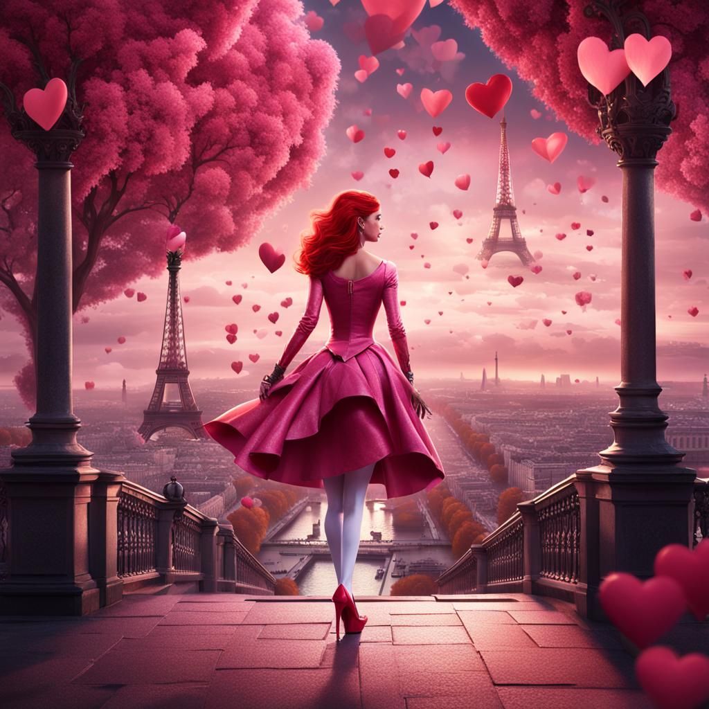 Catwoman with red hair wearing pink dress with white tights