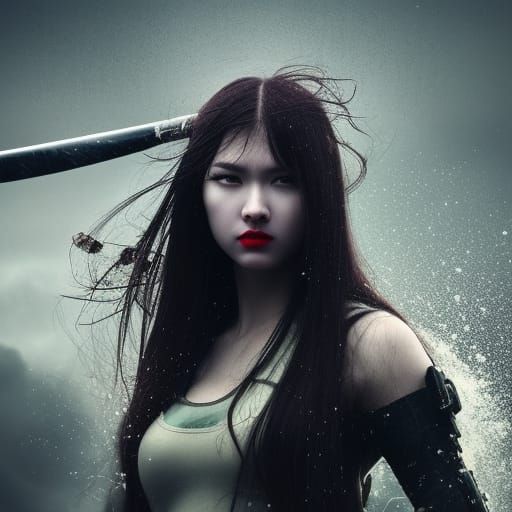 Furious Samurai Woman in Night Rainstorm