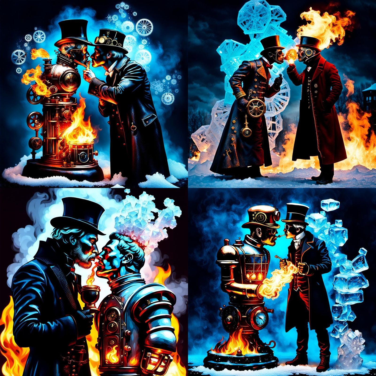 One steampunk man made of fire kissing  a Victorian man made...
