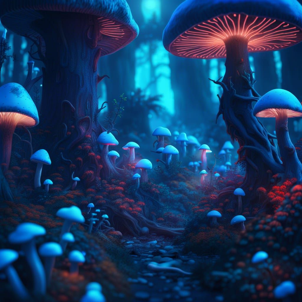 beautiful neon blue mushroom forest - AI Generated Artwork - NightCafe ...