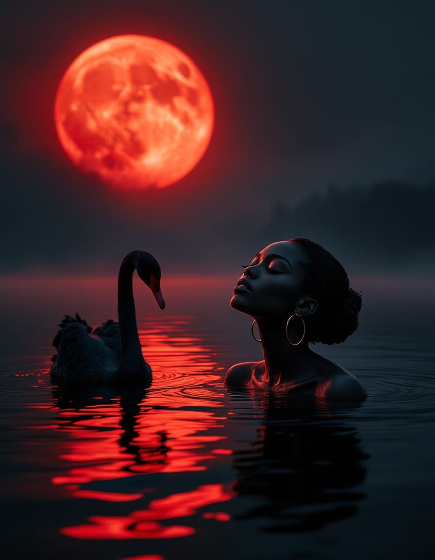 Blood moon rises high / Swan and shadow meet the glow / Red ...