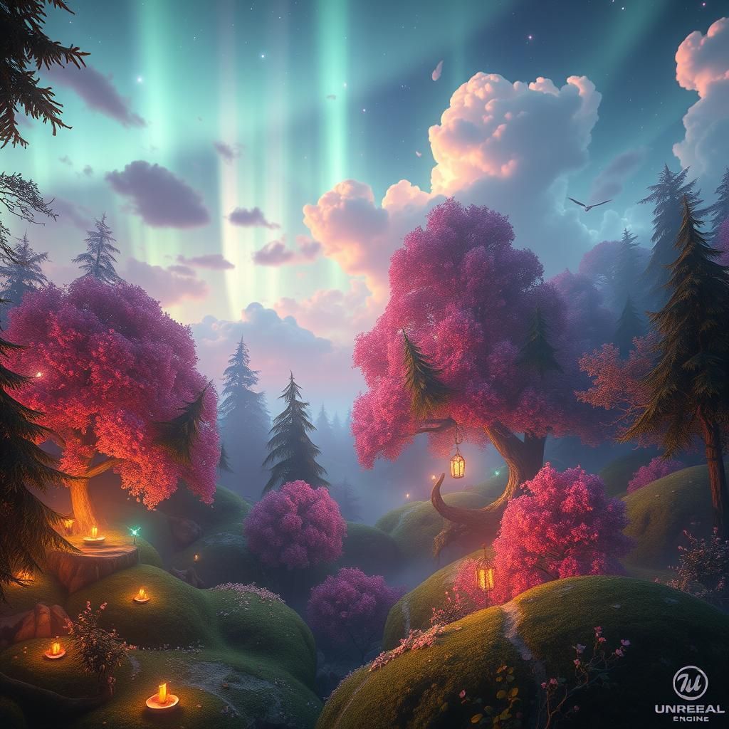 Lush Forest Aurora in a Dreamlike Landscape
