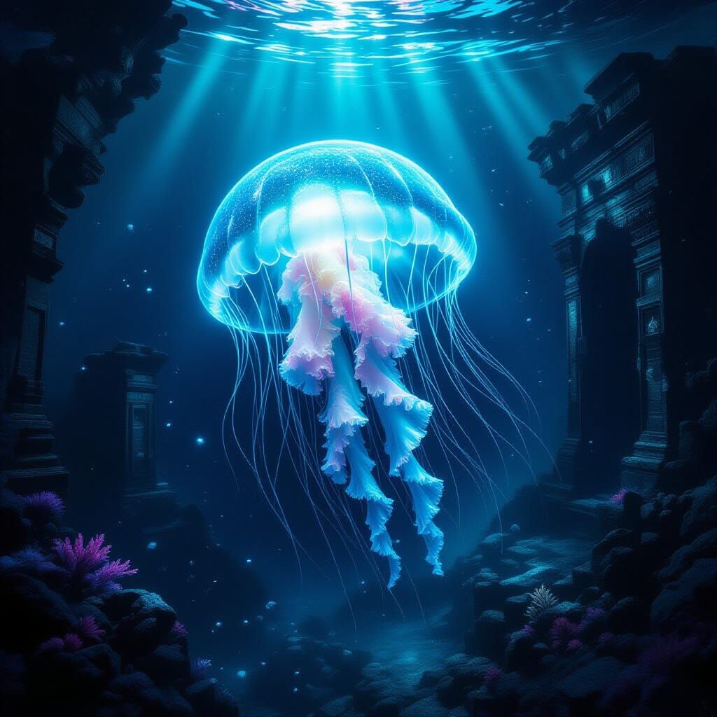 A majestic bioluminescent jellyfish gracefully drifts through an alien ocean trench, its tendrils casting an ethereal glow on ancient, forgo...