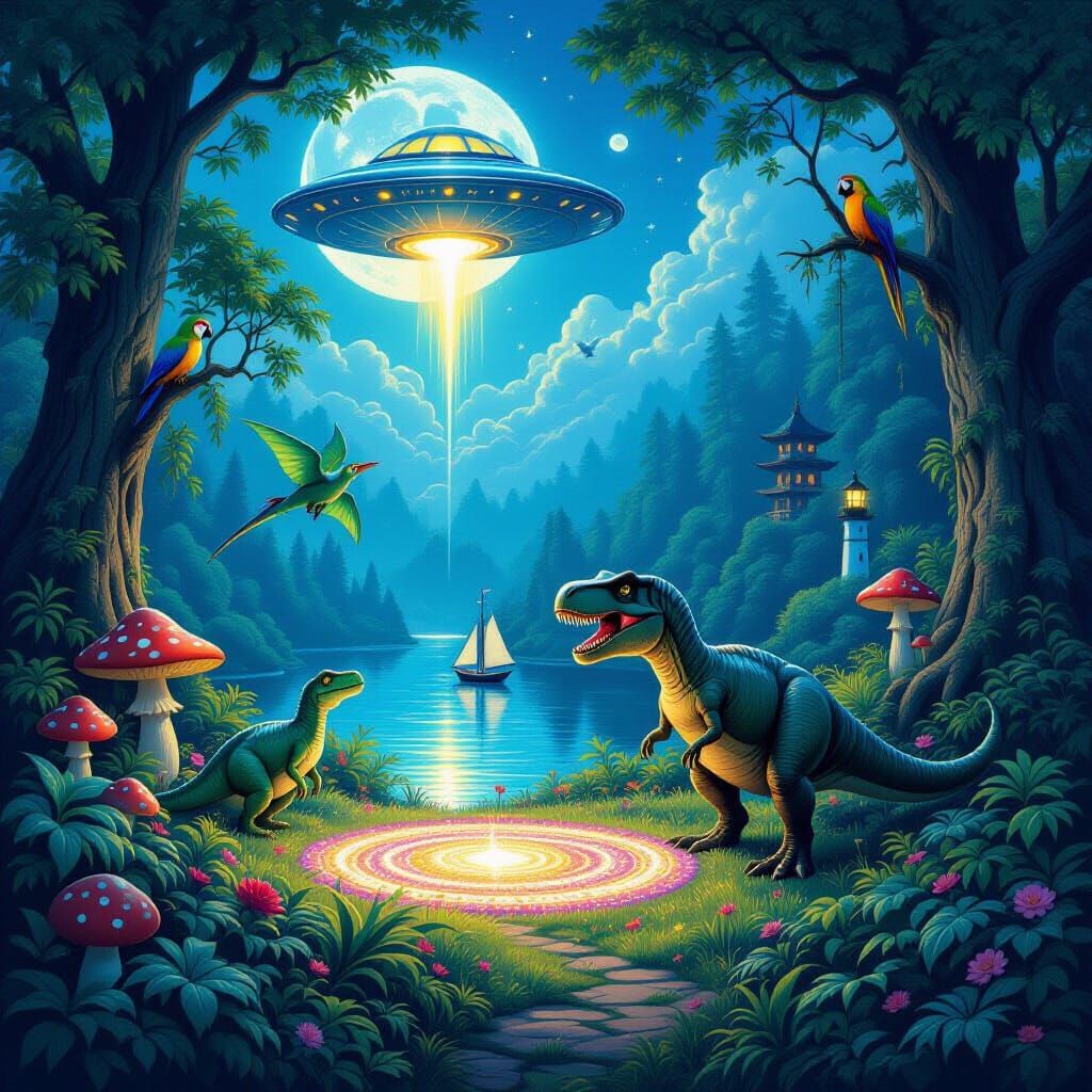 Enchanted Forest Clearing with UFO and Dinosaurs