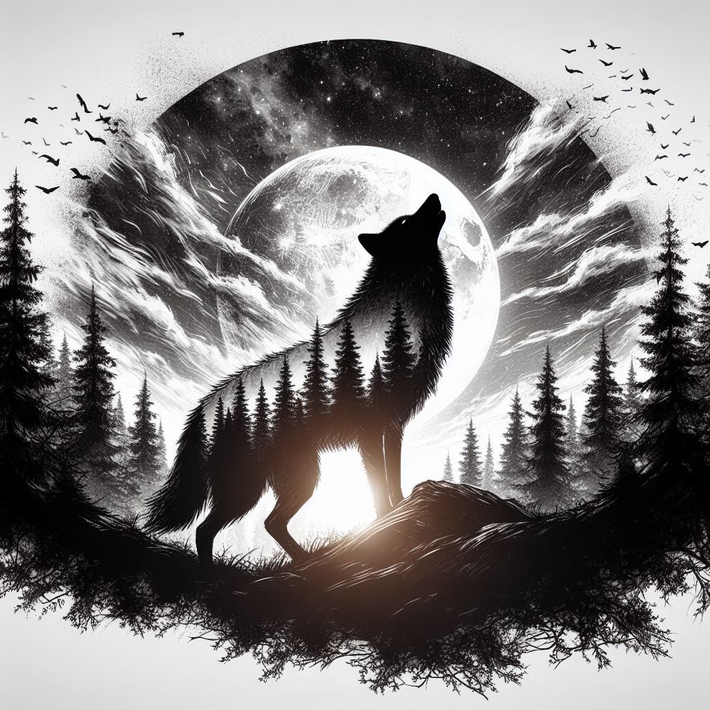 Double Exposure Grayscale Wolf and Sunset