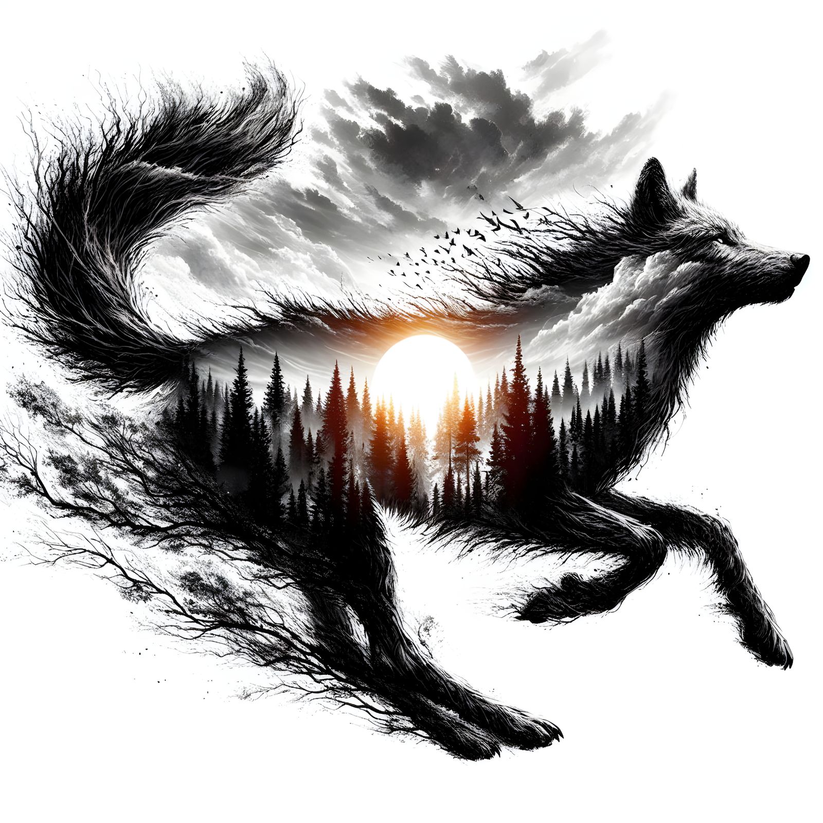 Double Exposure Grayscale Wolf and Sunset