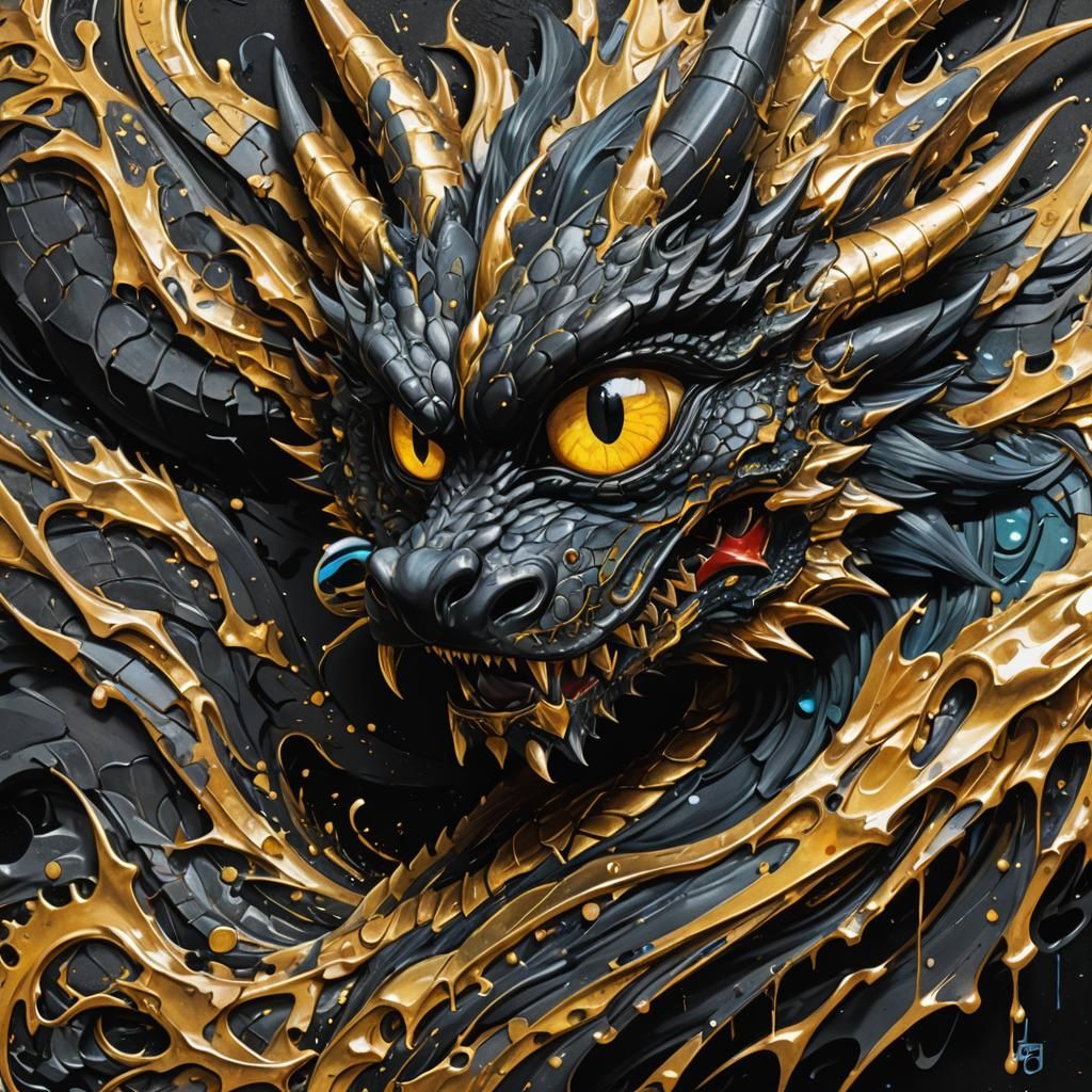 A close up view of a Large black velvet shadow dragon golden...