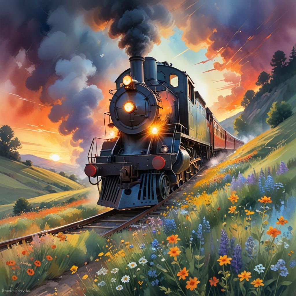 Sunset Steam Train Through Rolling Hills, Watercolor Dreamsc...