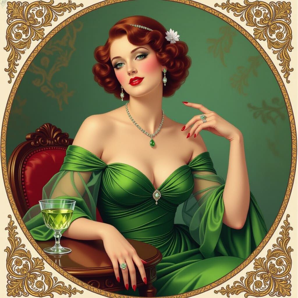 Lost Imaginative Concepts, Beautiful woman, peridot gown, glass absinthe,  chromolithograph  by @Arasne-Waestris
