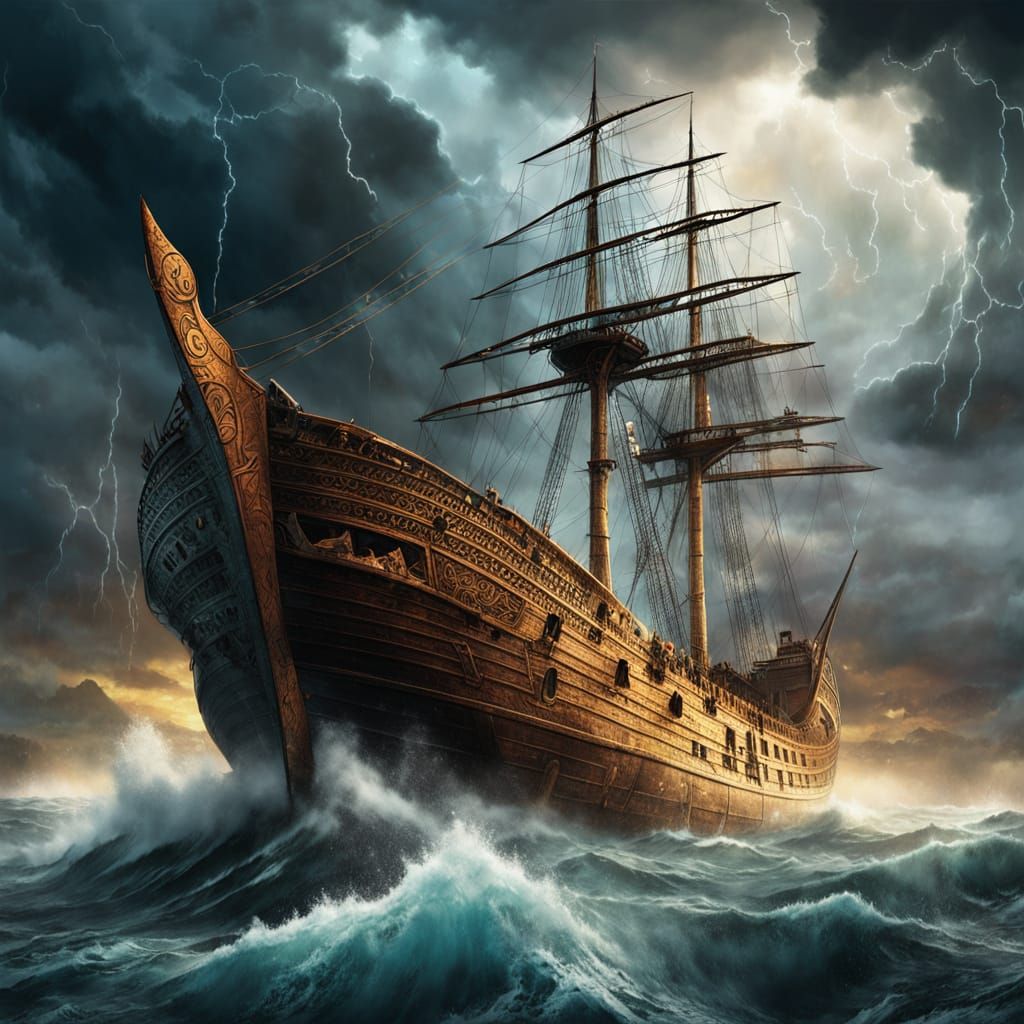 A highly detailed fantasy painting of a colossal ship navigating a storm-lit horizon.
Epic, dramatic, and richly textured.

A towering ironc...