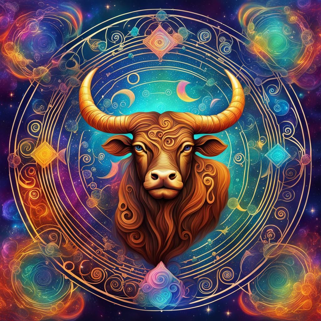 Taurus zodiac with a colorful background of spirals 8k resolution holographic astral cosmic illustration mixed media by Pablo Amaringo 