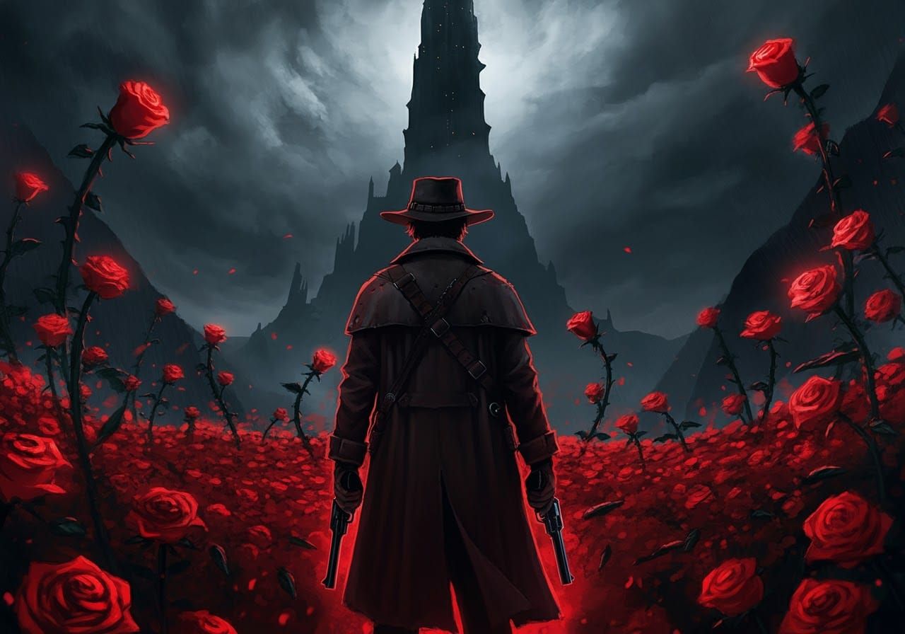 Roland Deschain standing at Kan-Ka No-Rae, surrounded by glowing red roses that stretch toward the towering, ...  by @Lord Mark Brae
