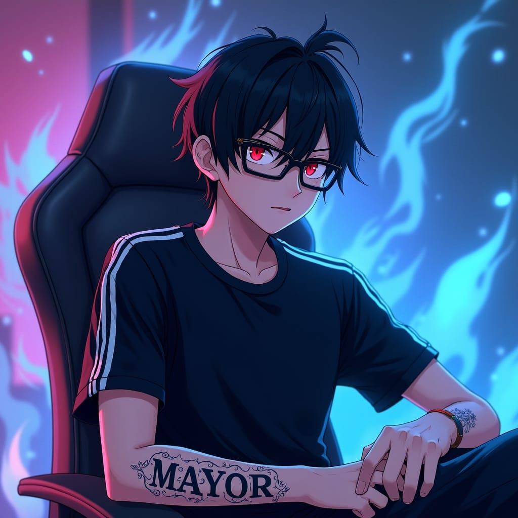 a Nerd guy with glasses, hair_low cut, chair_SITTING on a gaming chair