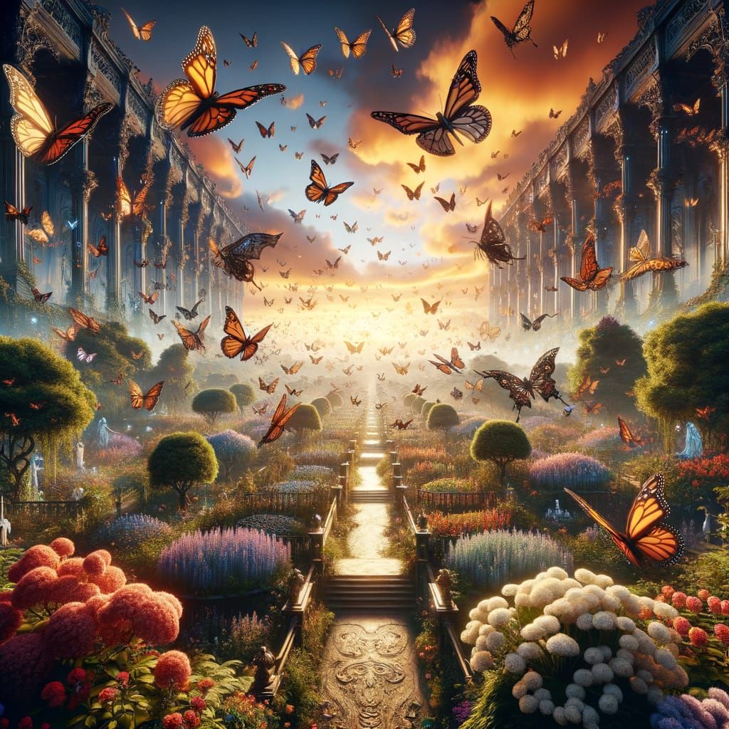 A breathtaking portrait of thousands of mechanical monarch butterflies flies over a beautiful magnific victorian garden, majestic horizon gl...