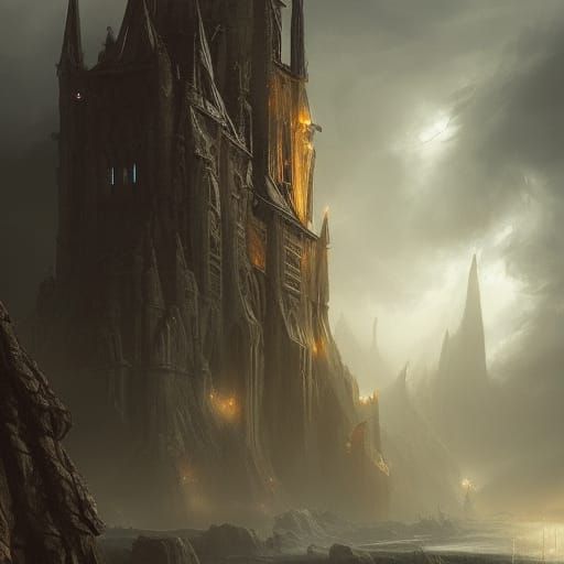 Imagine a towering, twisted spire of blackened stone, surrou...