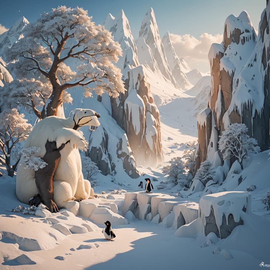 Friendship between polar bear and penguin at the snow jungle